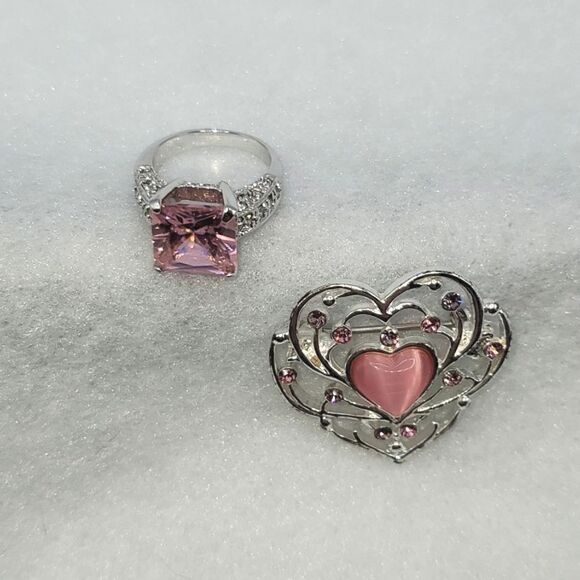 Vintage Sterling Silver Pink Sapphire CZ Princess Cut With Heart Pendant Sz 6 - Picture 17 of 17